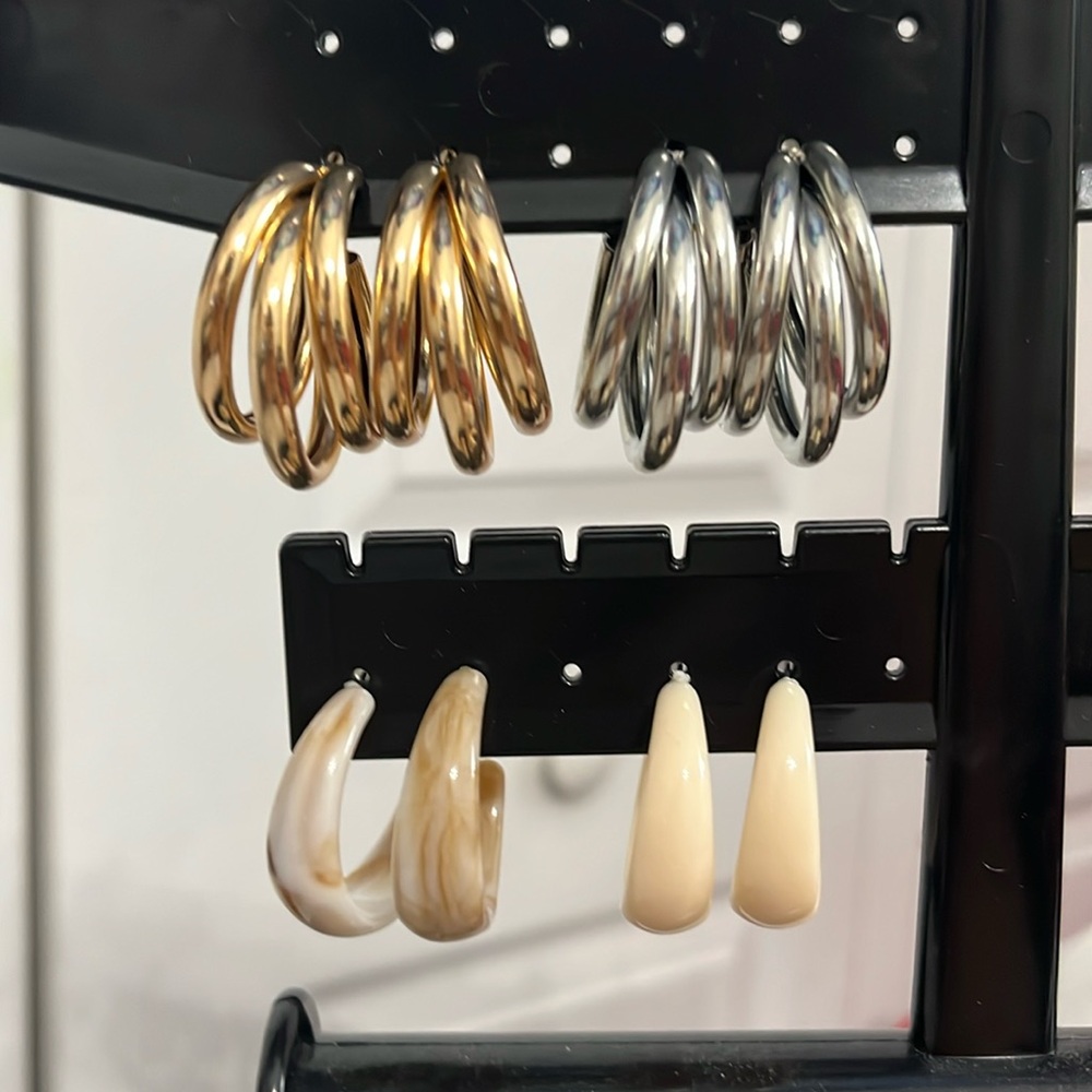 Set of Hoop Earrings in Cream, Mixed Cream, Silver, and Gold